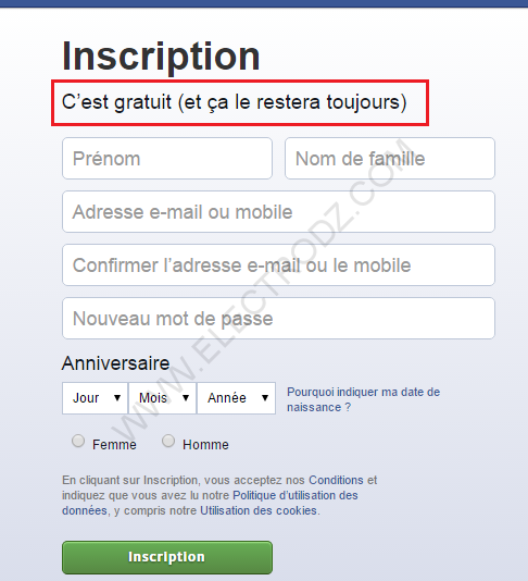 Formulaire Facebook, permet de créer un nouveau compte