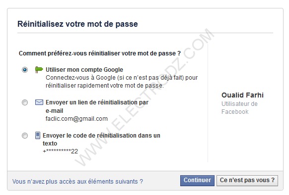 Informations Facebook du compte perdu