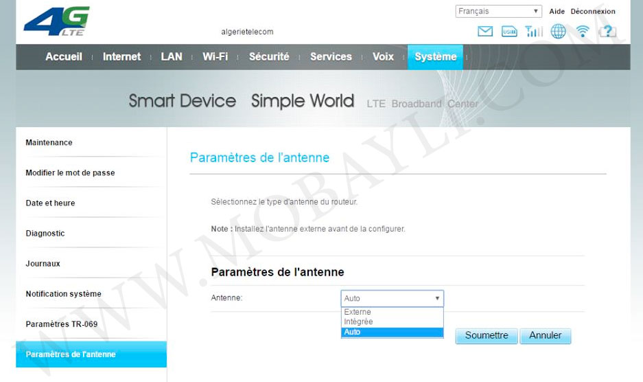 Paramètres modem 4G - Antenne externe