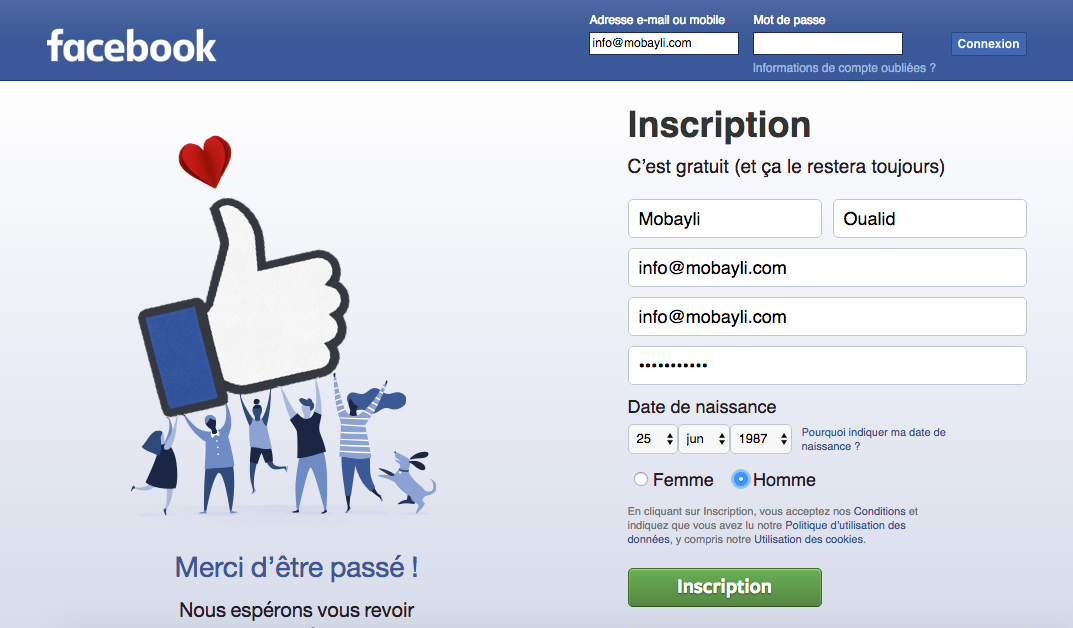 Nouveau compte Facebook