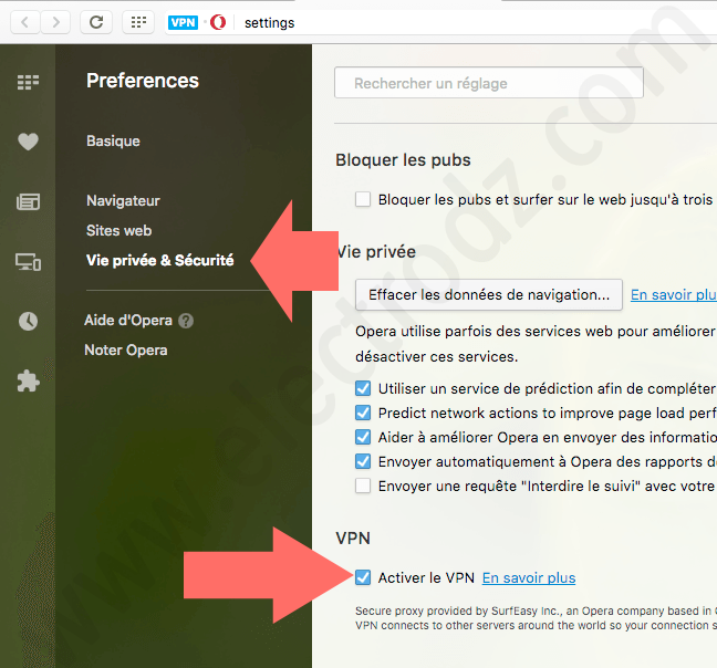 Activer VPN sur Opera