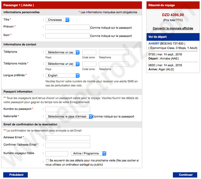 Formulaire de réservation Air Algérie