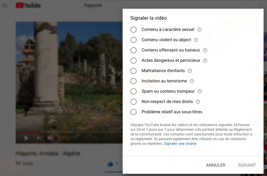 Raison de signalement d'une vidéo Youtube